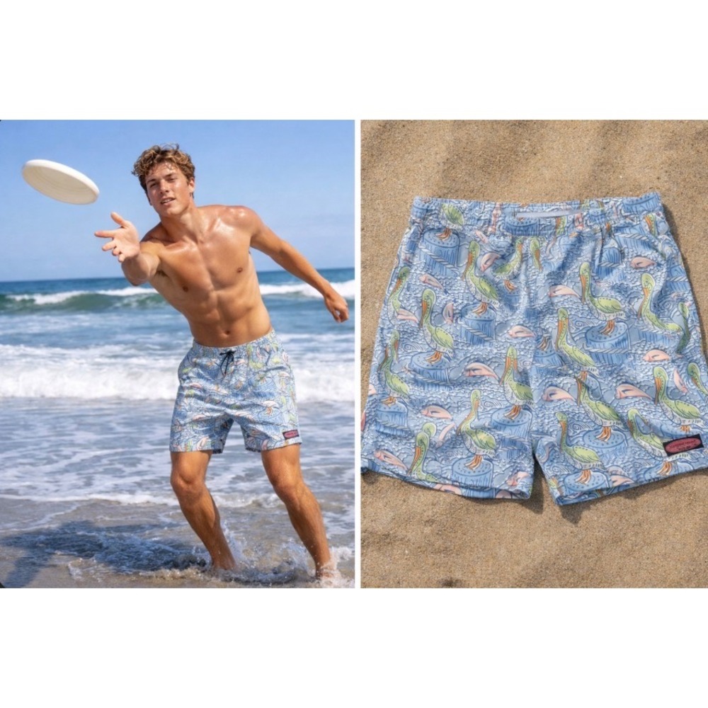 Vineyard Vines Mens Pelican Fish Print Swim Trunks Blue Board Shorts